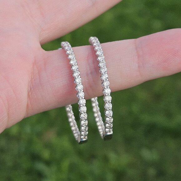 14K White Gold 2.00TCW Diamond Eternity Hoop Earrings 30mm 6.7 Grams - Picture 3 of 14